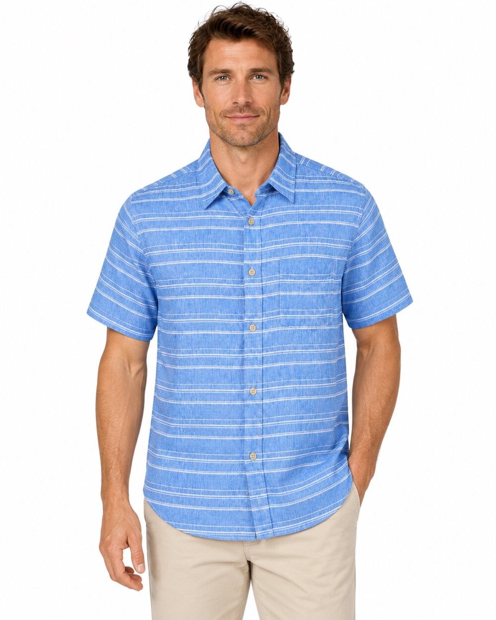 Ben Sherman Men’s Linen Blend Blue Striped Short Sleeve Button-Up Shirt M